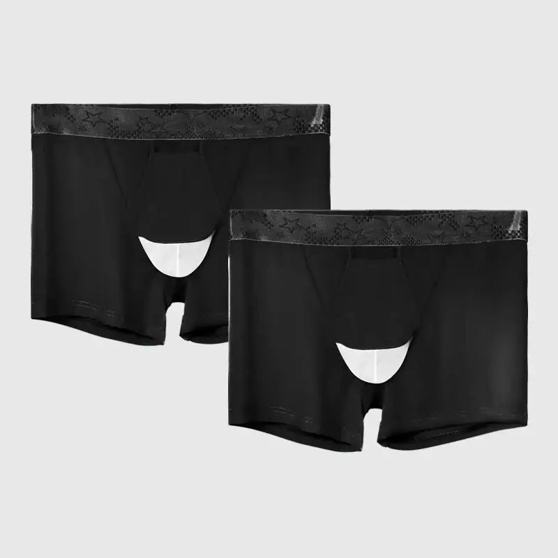 Boxer Homme Soie Glacée Soutien Scrotal Style Été 2025 Fendu - Black / XL / 2pièces