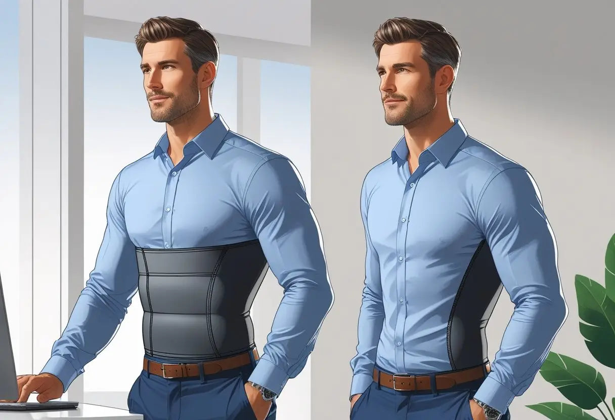 Un homme porte une gaine sous ses vêtements dans un cadre intérieur, montrant une posture confiante et réfléchie.