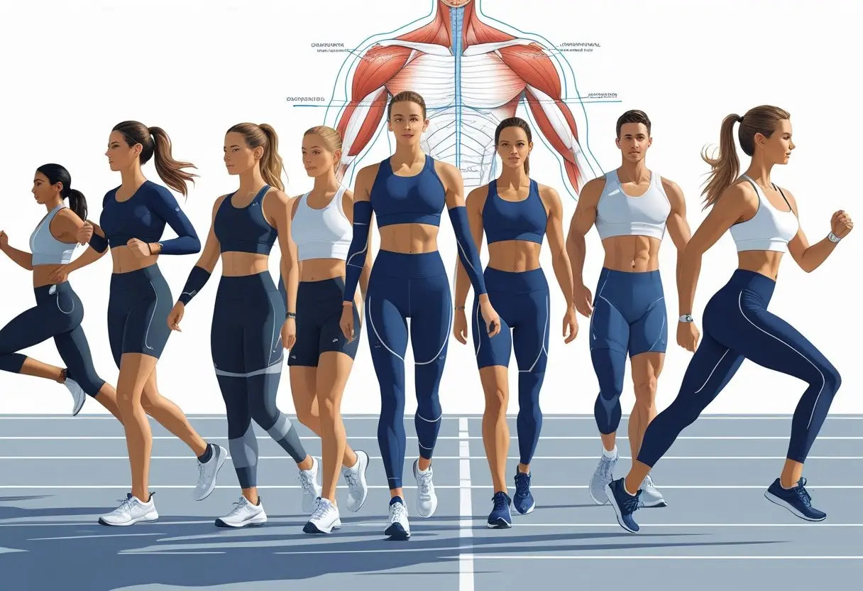 Des athlètes portant des gaines de compression pratiquant différents sports dans un environnement sportif.