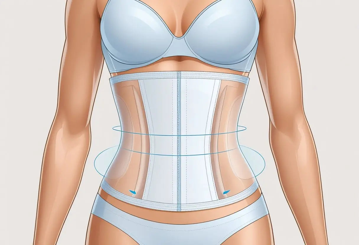 Illustration du torse humain montrant les zones abdominales et la taille couvertes par une gaine avec un effet de réduction du ventre.